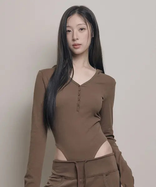 [OURRSHAPE] Hooded Bodysuit - Coffee Brown / Hooded Body Suit - Coffee Brown