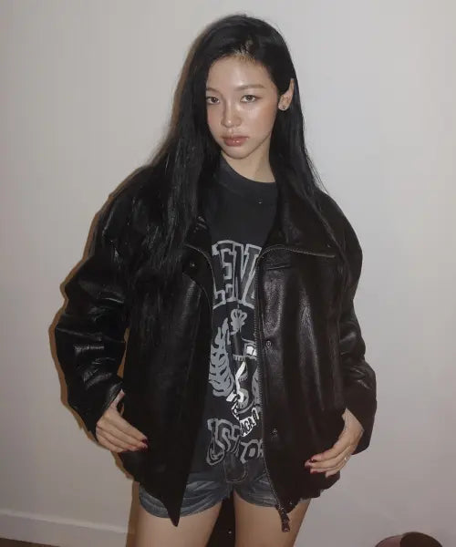[LADY VOLUME] 9242 High-Neck Leather Jacket (BLACK) / 9242 하이넥 레더 자켓 (BLACK)
