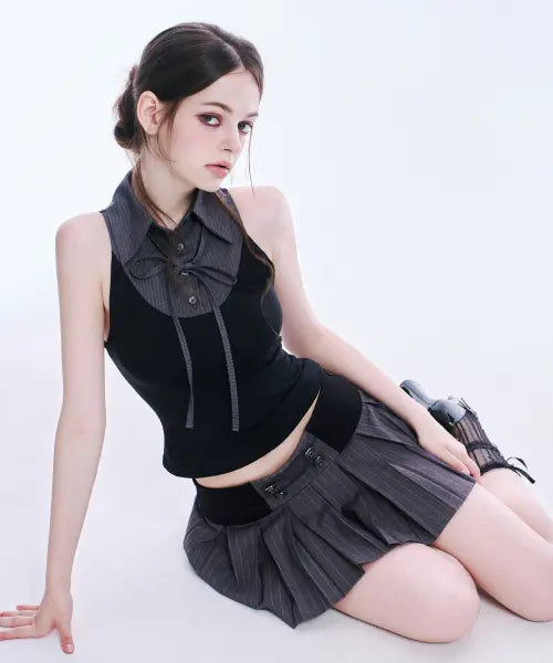 [ARCMETHOD] Layered Ribbon Collar Sleeveless Tee (Grey Stripe) / 레이어드 리본 카라 슬리브리스 티셔츠 (그레이 스트라이프)