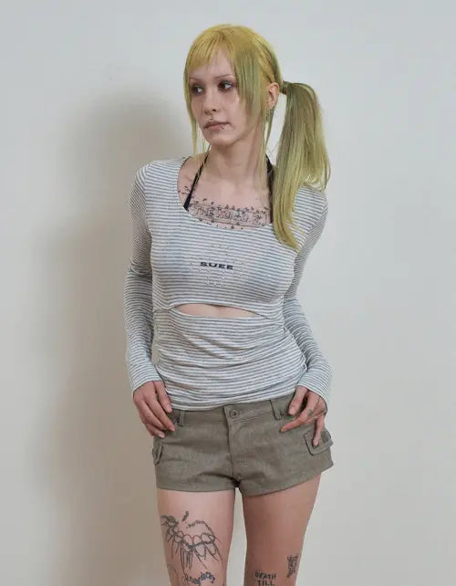 [SETUP-EXE] STRIPED U-NECK SLIT TEE / GRAY