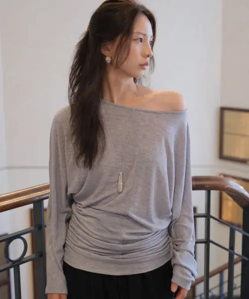 [ALLUNEE] Shirred Waist Tee - Light Grey / Shirred Waist Tee_Light Grey