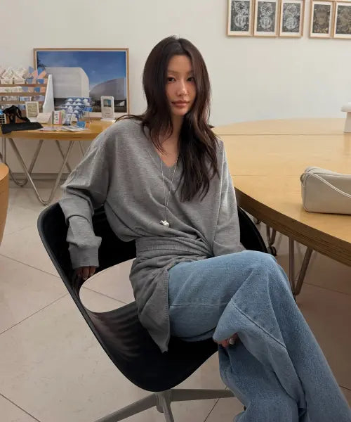 [URAGO] Washable V-neck knit shawl set_Melange gray