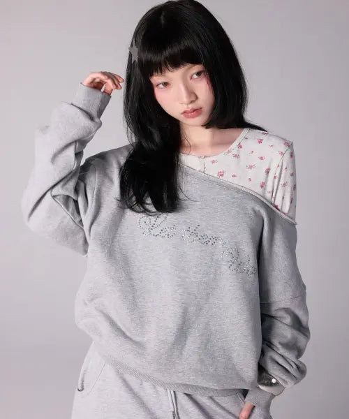 [YOUHEE] HOTFIX OFF-SHOULDER SWEAT SHIRTS_MELANGE GREY / [주영X유희] HOTFIX OFF-SHOULDER SWEAT SHIRTS_MELANGE GREY