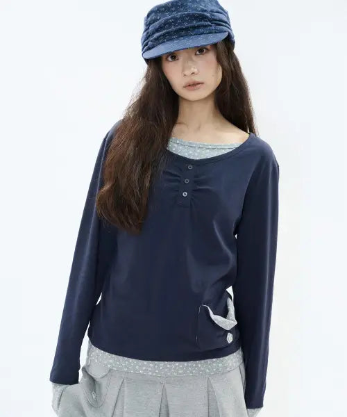 [BAUF] Flower Layered Pocket Long Sleeve [Navy] / 플라워 레이어드 포켓 롱슬리브 [네이비]