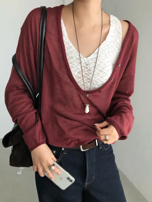 [APOEM] Deep Button V Knit (2C)