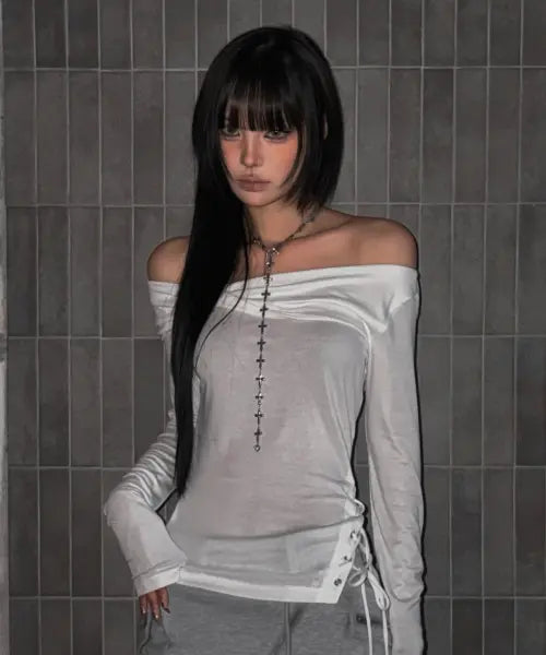 [SCHISM INDUCING] Twisted Draped Lace-Up Top / TWISTED DRAPED LACE-UP TOP WHITE