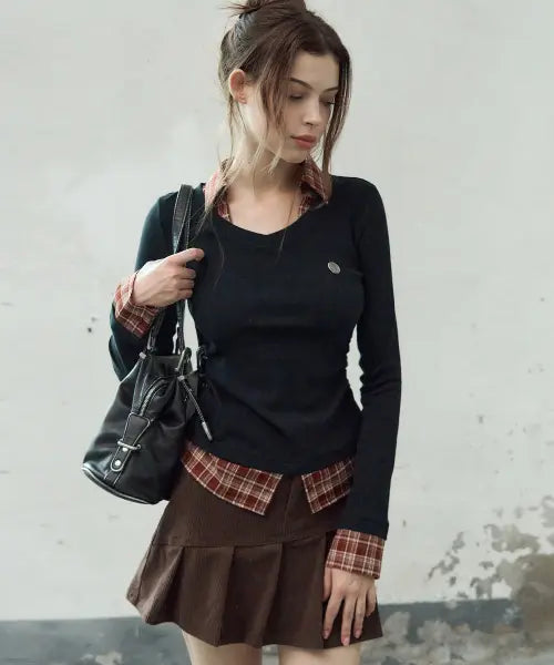 [LEATHERY] V-Neck Layered Shirt Top [BLACK] / 브이넥 셔츠 레이어드 탑 [BLACK]