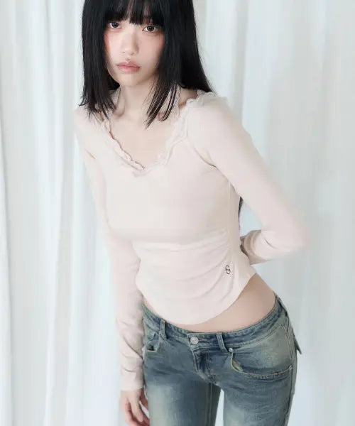 [REISE MIYA] LILY HALTERNECK LACE LONG SLEEVE [PINK] / 릴리 홀터넥 레이스 롱슬리브 [PINK]