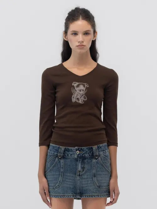 [GLOWNY] ANGEL PUPPY V NECK 3/4 SLEEVE (BROWN)
