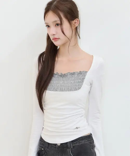 [ILLIGO] SMOCK SQUARE NECK LONG SLEEVE WHITE / 스모크 스퀘어넥 롱슬리브 화이트