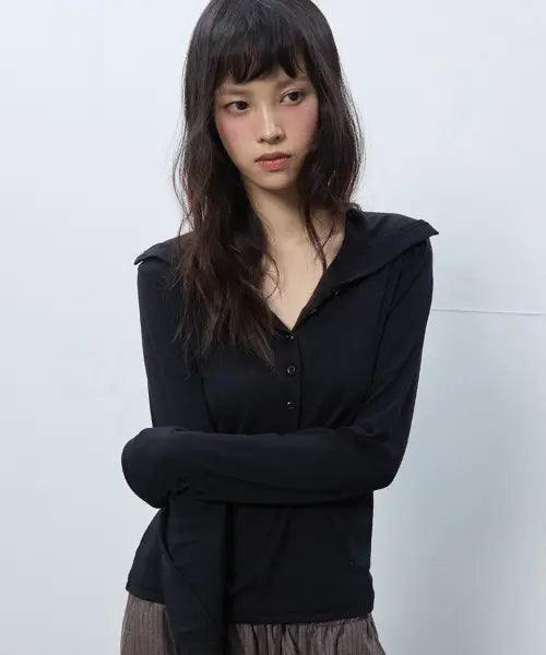 [MICHIKO LONDON KOSHINO] Two-Way Button Neck Top - Black / 투웨이 버튼 넥 탑 블랙