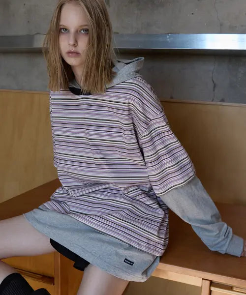 [RENSE] Oversized Stripe Layered Hood Tee Purple