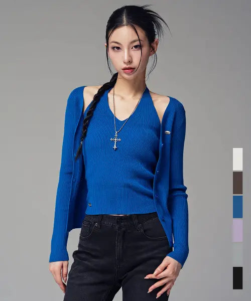 [AVANDRESS] Lure Halter Set Knit CD_6COL / 루어 홀터 세트 니트 가디건_6COL