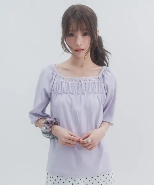 [HIGH SCHOOL DISCO] 7/10 Sleeve Lace Shirring Blouse / 7부 레이스 셔링 슬리브_라이트퍼플