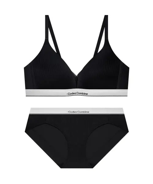[CODES COMBINE INNERWEAR] Neutral Ribbed Wireless Bra \u0026 Hipster Panty Homewear Set_Black / 뉴트럴 골지 노와이어 브라 햄팬티 세트_블랙