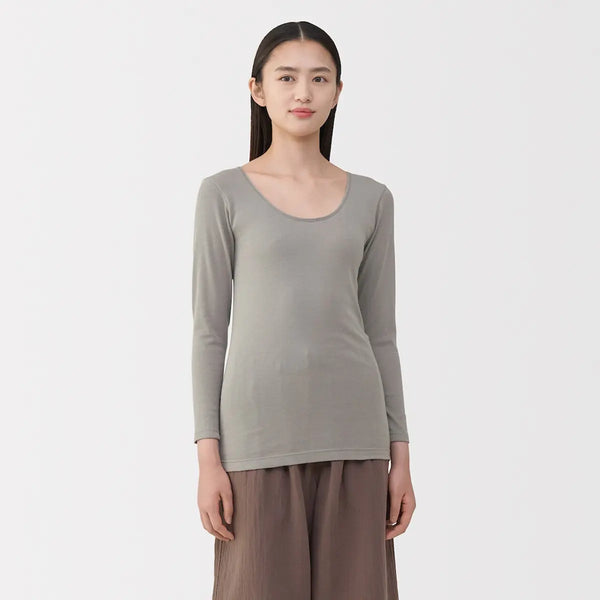 [MUJI] Women's Warm Cotton U-Neck 8-Sleeve T-Shirt / 여성 따뜻한 면 U넥 8부소매 티셔츠