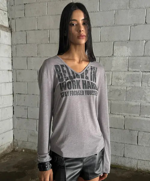 [ROCKCAKE] Believe V Neck Top - Charcoal Gray
