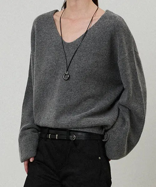 [LMOOD WOMEN] COZY Merino Wool Deep V-NECK Pullover Knit MELANGE GRAY / COZY Merino Wool Deep V Neck Pullover Knit Melange Grey