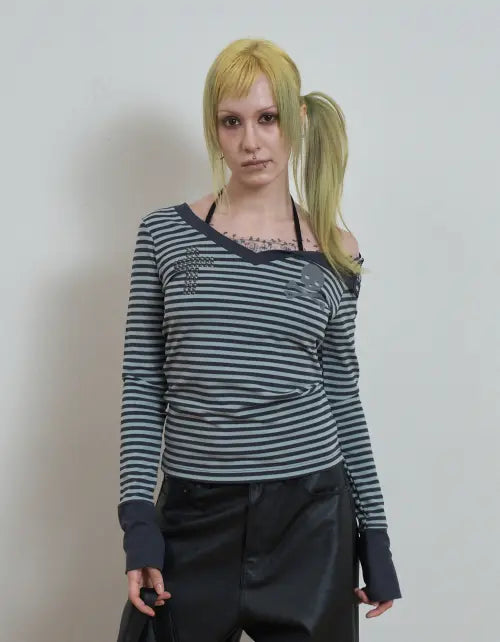 [SETUP-EXE] SKULL LOGO STRIPE V-NECK TOP / MINT