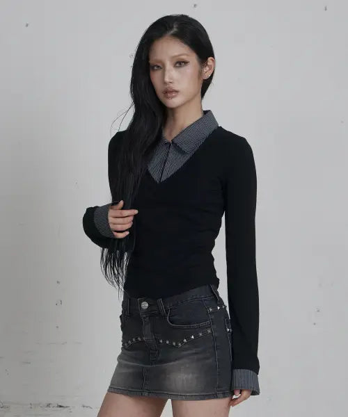 [CURETTY] C HOOK OPEN SHIRT LAYERED TOP_BLACK