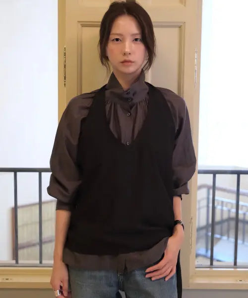 [ALLUNEE] Drape Shirring Blouse - Charcoal / Drape Shirring Blouse_Charcoal