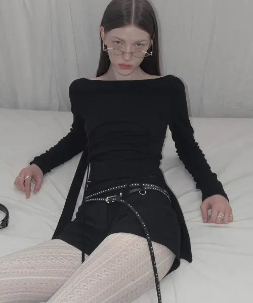 [GROWHIDE] WHIZ Asymmetric Layered Boat Neck Long Sleeve T Shirt_Black / 위즈 언발 레이어드 보트 긴팔 티셔츠_블랙