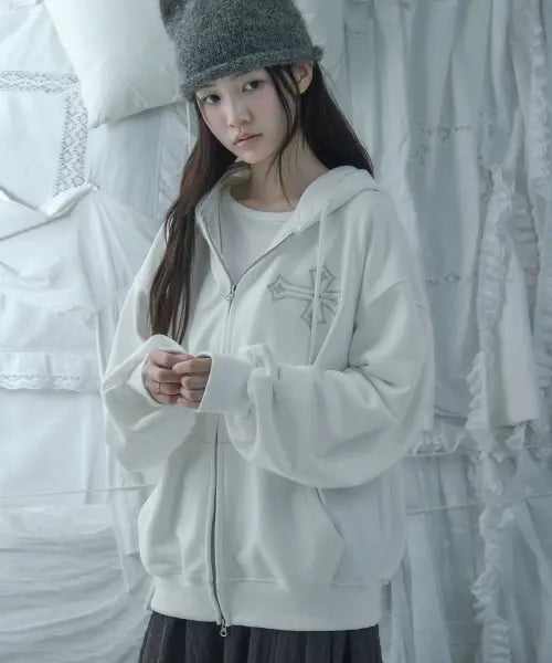 [LOOXP] Cross Patch Rivet Oversized Hooded Zip-Up - Ivory / 크로스 패치 리벳 오버핏 후드집업 아이보리