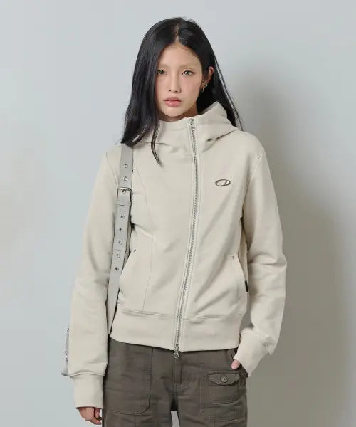 [ODDSTUDIO] Diagonal Cut Eyelet Hoodie Zip-up - IVORY / 사선 절개 아일렛 후드집업 - IVORY