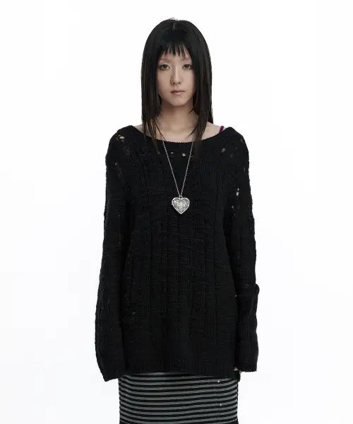 [ROUGHNECK] Damaged Graphic Knit Black