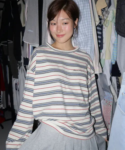 [RONRON] STRIPE LETTERING LONG SLEEVE IVORY
