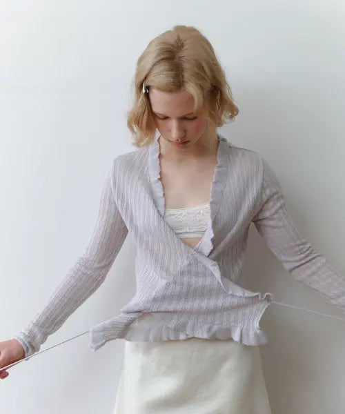 [BCOMELY] davida crochet wrap cardigan_grayish lilac / 다비다 크로쉐 랩 가디건_그레이시 라일락