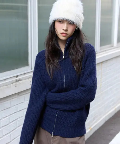 [MICHIKO LONDON KOSHINO] High Neck Knit Zip-Up Navy / 하이넥 니트 집업 네이비