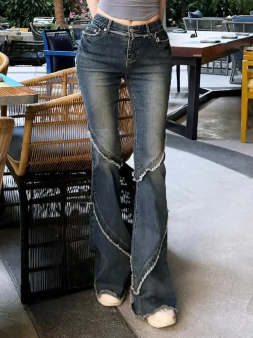 [KINDAME] Hip volume-up mid-blue diagonal cut fringe bootcut / 골반볼륨업 중진청 사선 절개 프린지 부츠컷_골반뽕 청바지