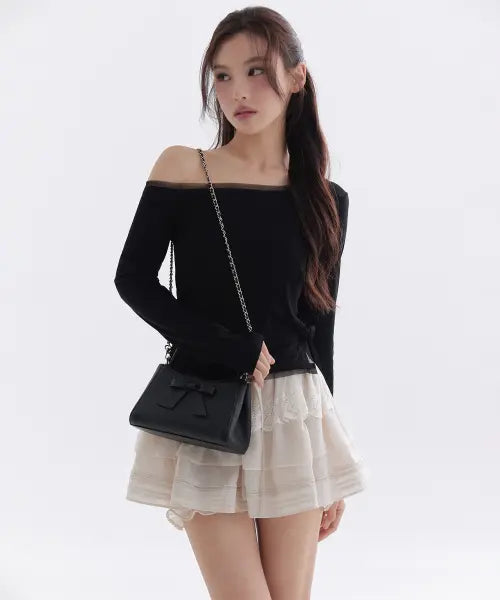 [THETIS] PURE MESH SATIN RIBBON T-SHIRT_TT6S213BK