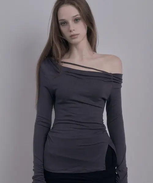 [DAMIO] Draped Strap Long Sleeve Top (Charcoal)
