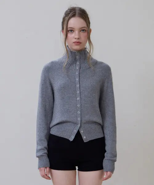 [ROSEFRANTZ] High Neck Eyelet Wool Cardigan [Gray]