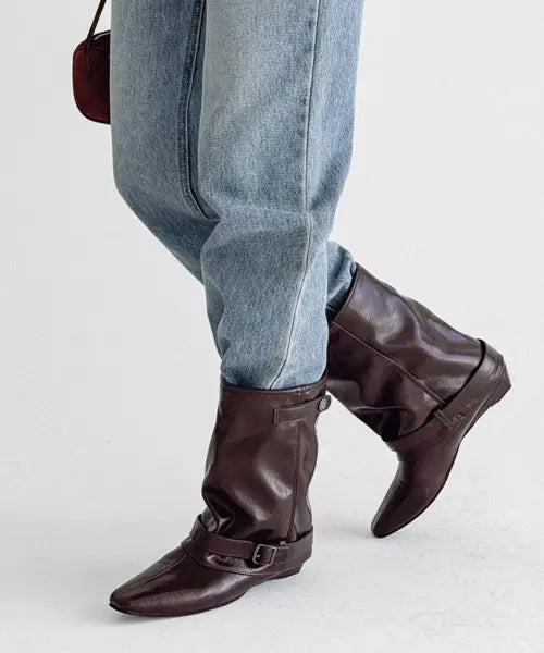 [FLORIDA STUDIO] Mandarin Belted Mid Calf Boots Brown FL1426 / 만다린 벨티드 미들부츠 브라운 FL1426