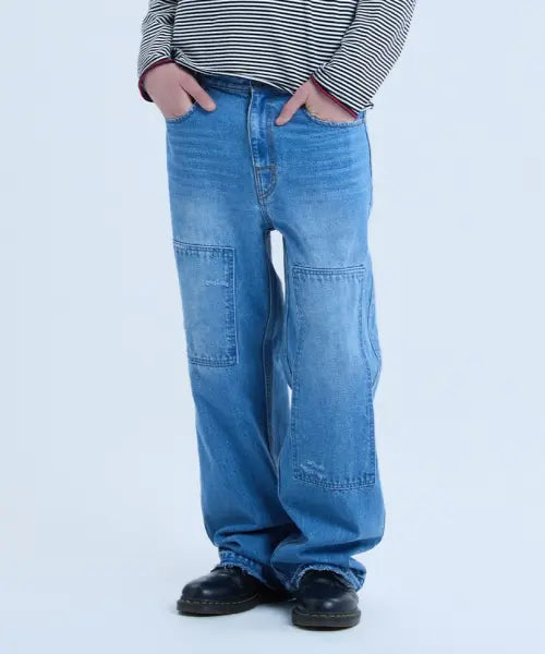 [NOISE] WASHED DISTRESSED DOUBLE-KNEE DENIM PANTS - LIGHT BLUE / 워시드 데미지 더블니 데님 팬츠_[LIGHT BLUE]