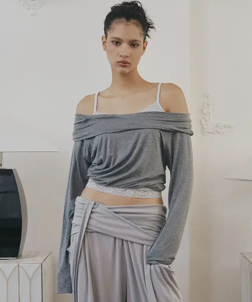 [PLEASENOFOLLOW] Bree Unbal Shirring Long Sleeve Top (Melange Charcoal)