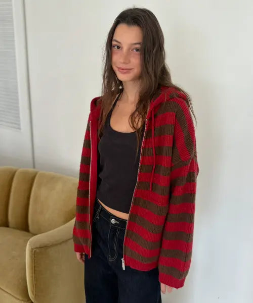 [CITTA] Daily Stripe Hacci Knit Hood Zip-up_CTK280(Red)