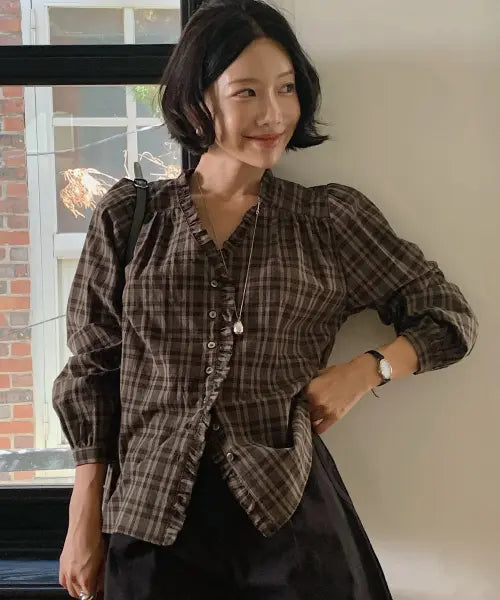 [TILL I DIE] Embroidered check blouse [TIFA05BL08]_Beige