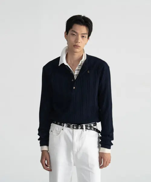[NOICE] COTTON RIBBED LONG SLEEVES HENLEY NECK - NAVY