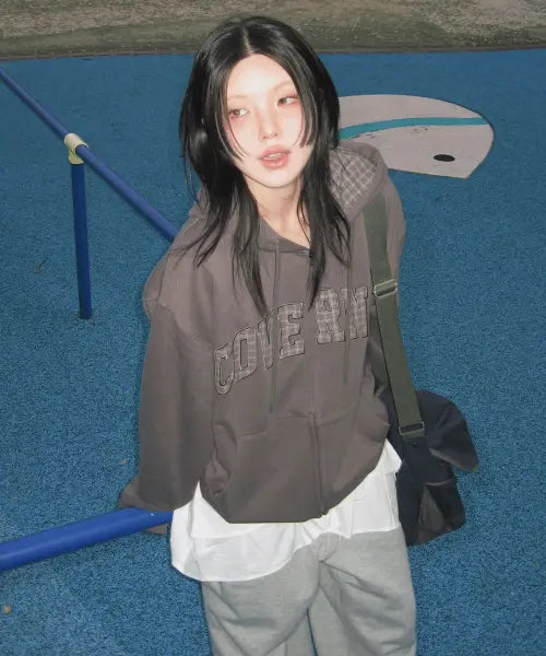 [COVERNAT] CHECKED ARCH LOGO ZIP-UP HOODIE / 체크 아치 로고 후드집업 다크 그레이