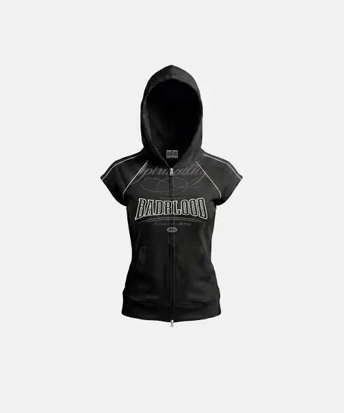[BADBLOOD] 90s Vintage Club 1/2 Jersey Hood Zip-Up - Black / 90s 빈티지 클럽 1/2 져지 후드 집업 - 블랙