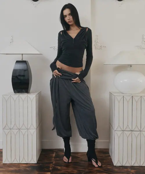 [PLEASENOFOLLOW] Buddy Wide Shirring Balloon Pants (Melange Charcoal)