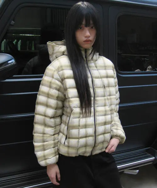 [OPENYARD(OY)] CHECK CURVED ZIP LIGHTWEIGHT SHELL PUFFER JACKET - YELLOW
