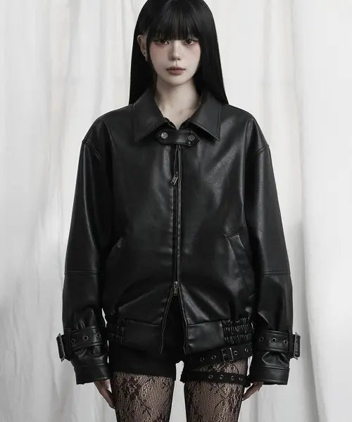 [ETRE AU SOMMET] Cross Lace Leather Jumper (Black)