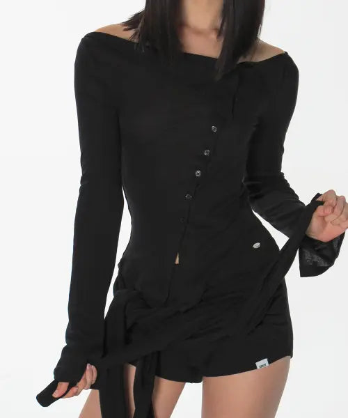 [CRANK] FLIPPED COLLAR OFF-SHOULDER CARDIGAN_BLACK / 플립 카라 오프숄더 가디건_블랙