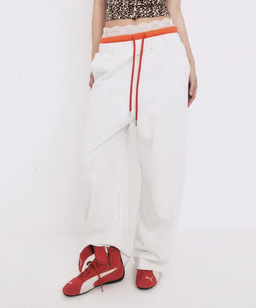 [YOUHEE] LACE LAYERED JERSEY PANTS MELANGE GREY / LACE LAYERED JERSEY PANTS_MELANGE GREY