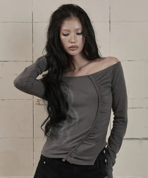 [AS YOU ARE] ONE-SHOULDER SHIRRING LONG SLEEVE CHARCOAL / 원숄더 셔링 롱슬리브 차콜